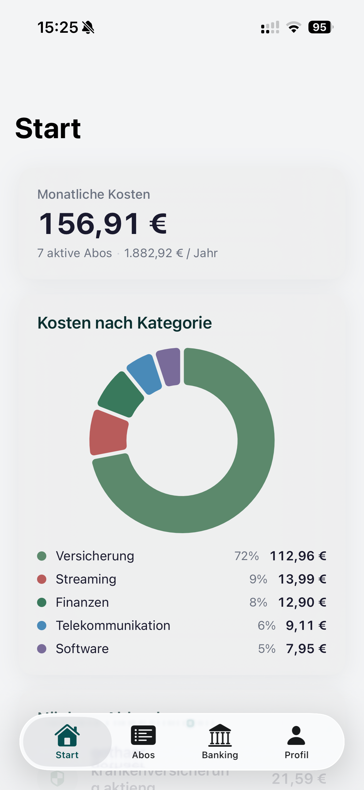 Abonaut App – Dashboard mit monatlichen Kosten und Kategorie-Übersicht
